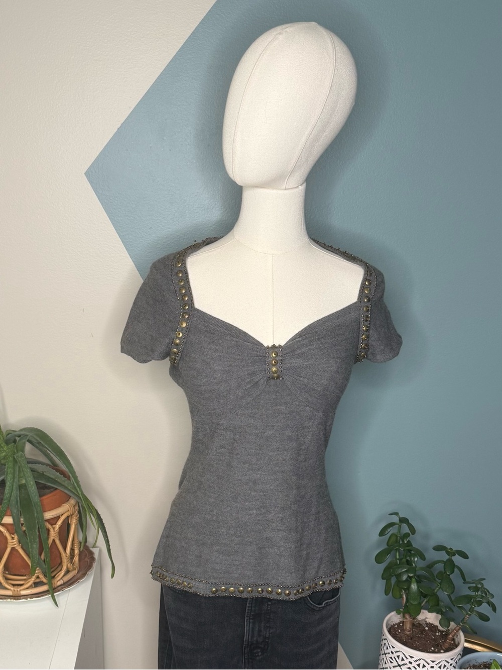 Taryn Rose 100% Merino Wool Studded Sweater Y2K Boho Glam Gray S - Picture 2 of 12